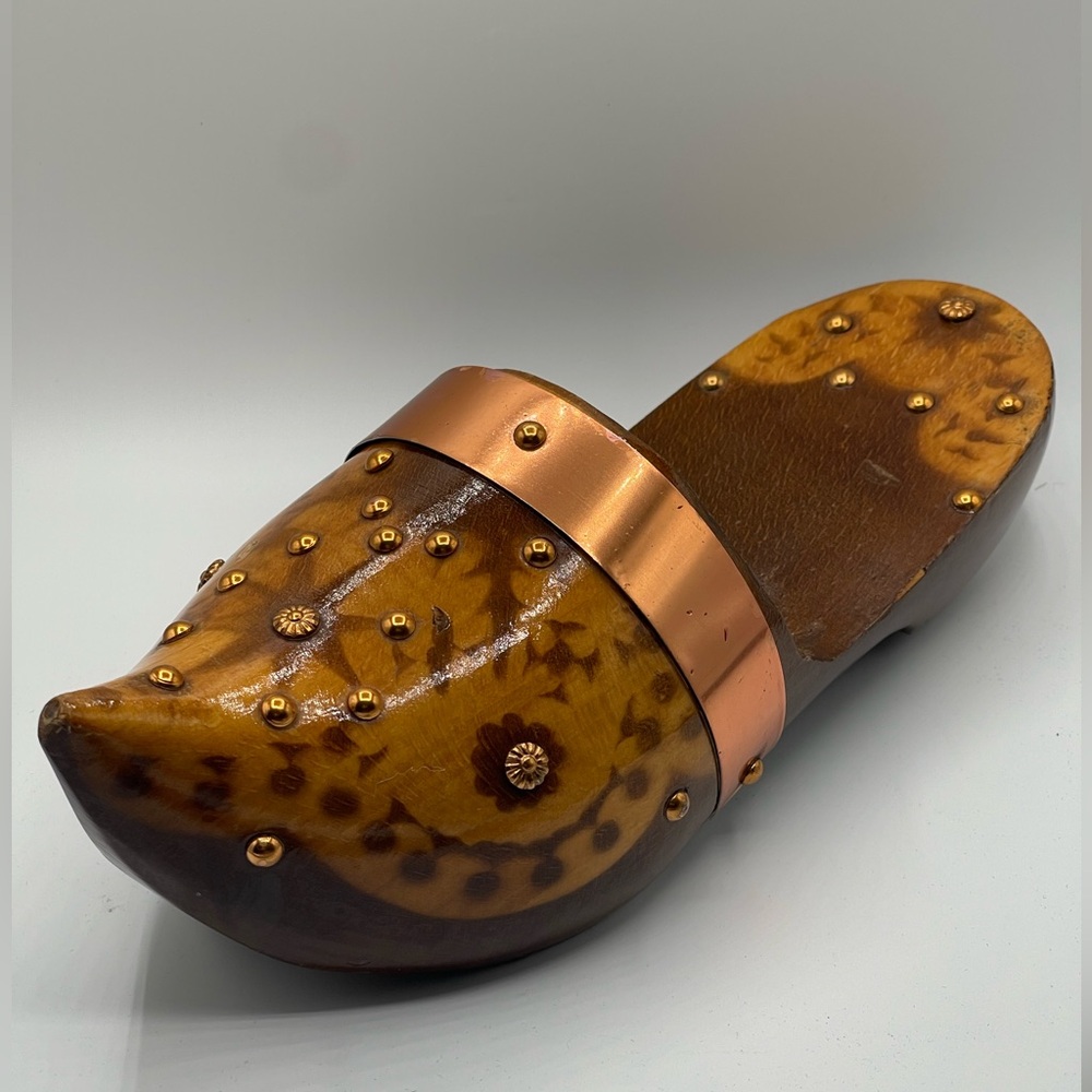 Vintage French Wooden Clog Mule Shoe Wall Hanging / Table Decor w/Copper Accents